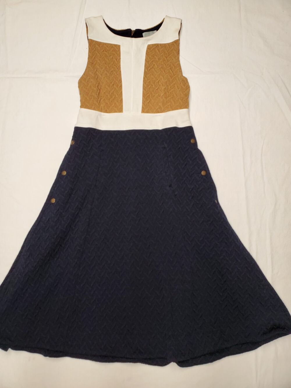 Anthropologie Maeve Colorblock Cable Knit Shift Dress Navy Tan Sz 2 Pockets